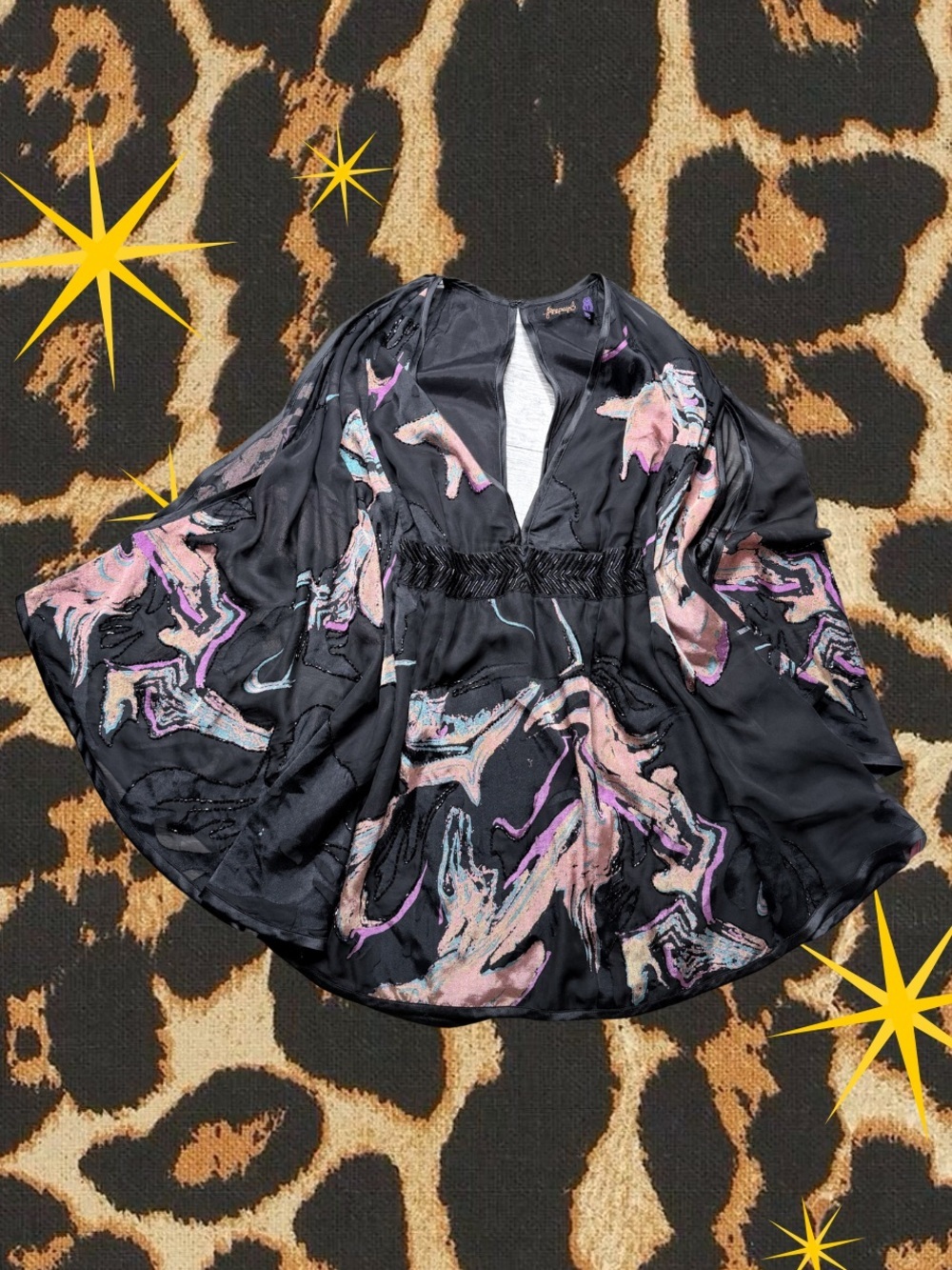 FREE PEOPLE | Florence Burnout Black Batwing Party Mini Dress | Women’s Size 6